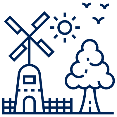 Illustration of a windmill, tree, and a fence under the sun with birds flying.
