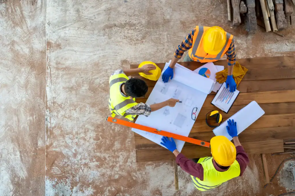 Three construction workers in safety gear review blueprints and charts on a wooden surface, viewed from above. They use a level and wear yellow helmets and vests, with tools and wood materials nearby.