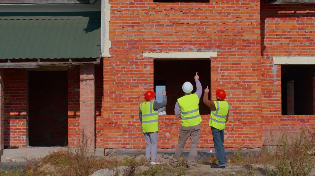 Three construction workers in safety vests and hard hats stand outside a brick building under construction in Suffolk County, NY, discussing and pointing towards the facade, showcasing their expertise in home improvement.