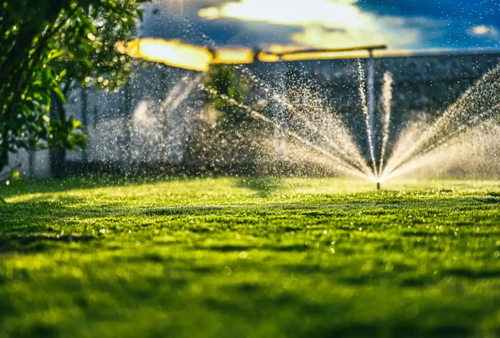 A sprinkler waters a lush green lawn in a backyard with a concrete wall and trees, while sunlight creates a warm, glowing atmosphere in the background.