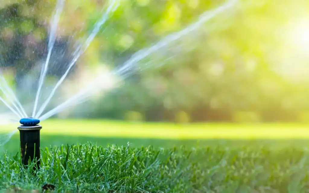 A black lawn sprinkler sprays water in multiple streams over green grass on a sunny day, with blurred trees and bright sunlight in the background.