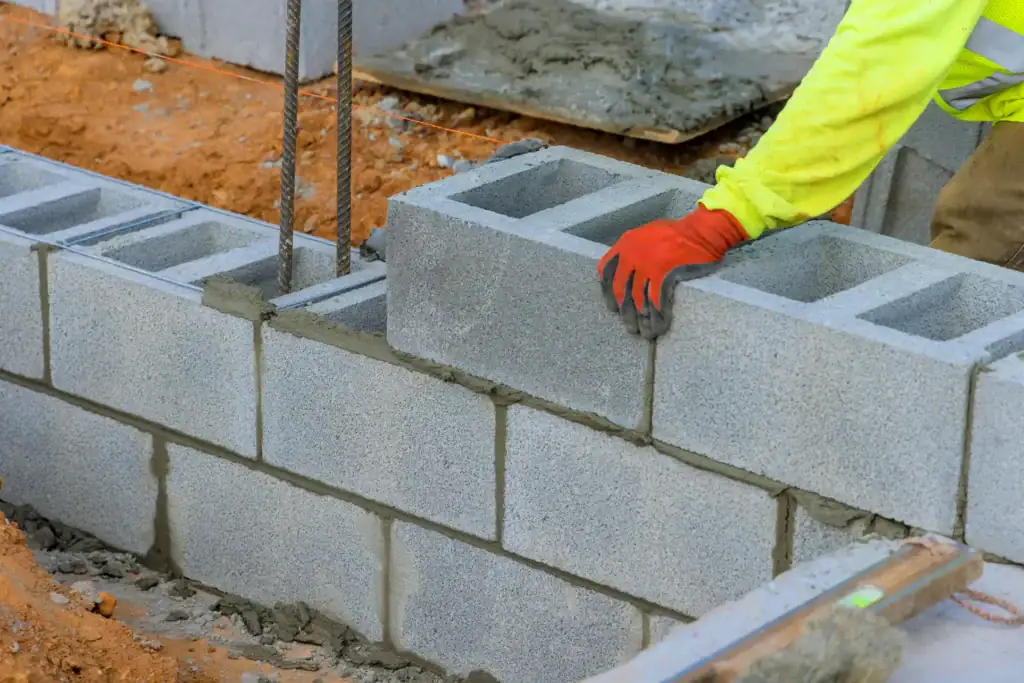 A construction worker wearing a yellow shirt and red gloves places a concrete cinder block onto a wall, with fresh mortar visible between the blocks at a building site.