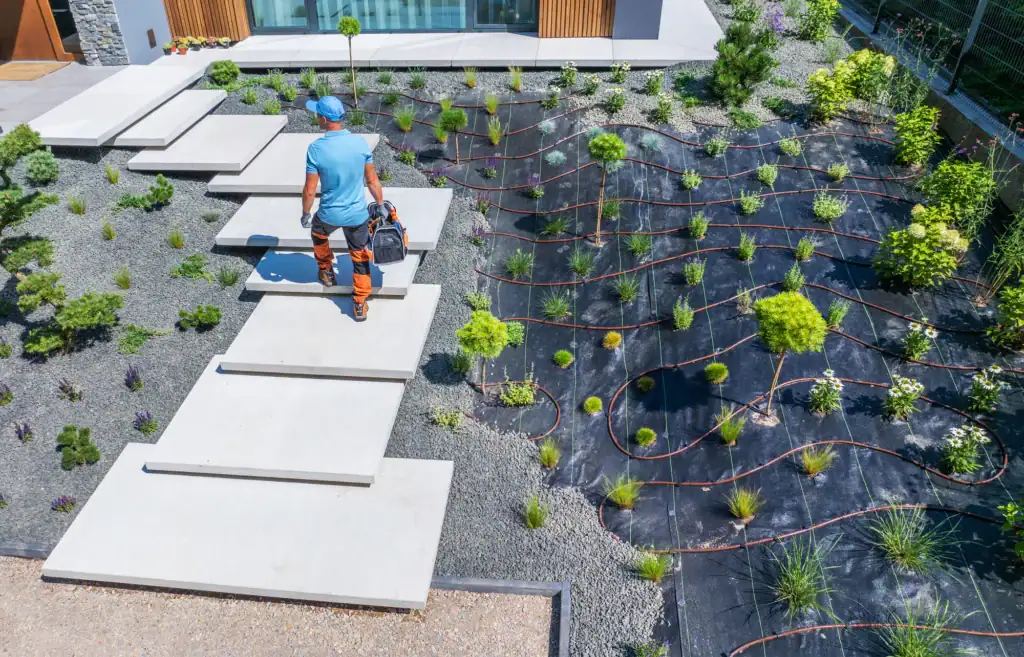 A landscaper walks on large concrete stepping stones in a modern garden with gravel, small plants, and visible irrigation hoses, near a contemporary building.